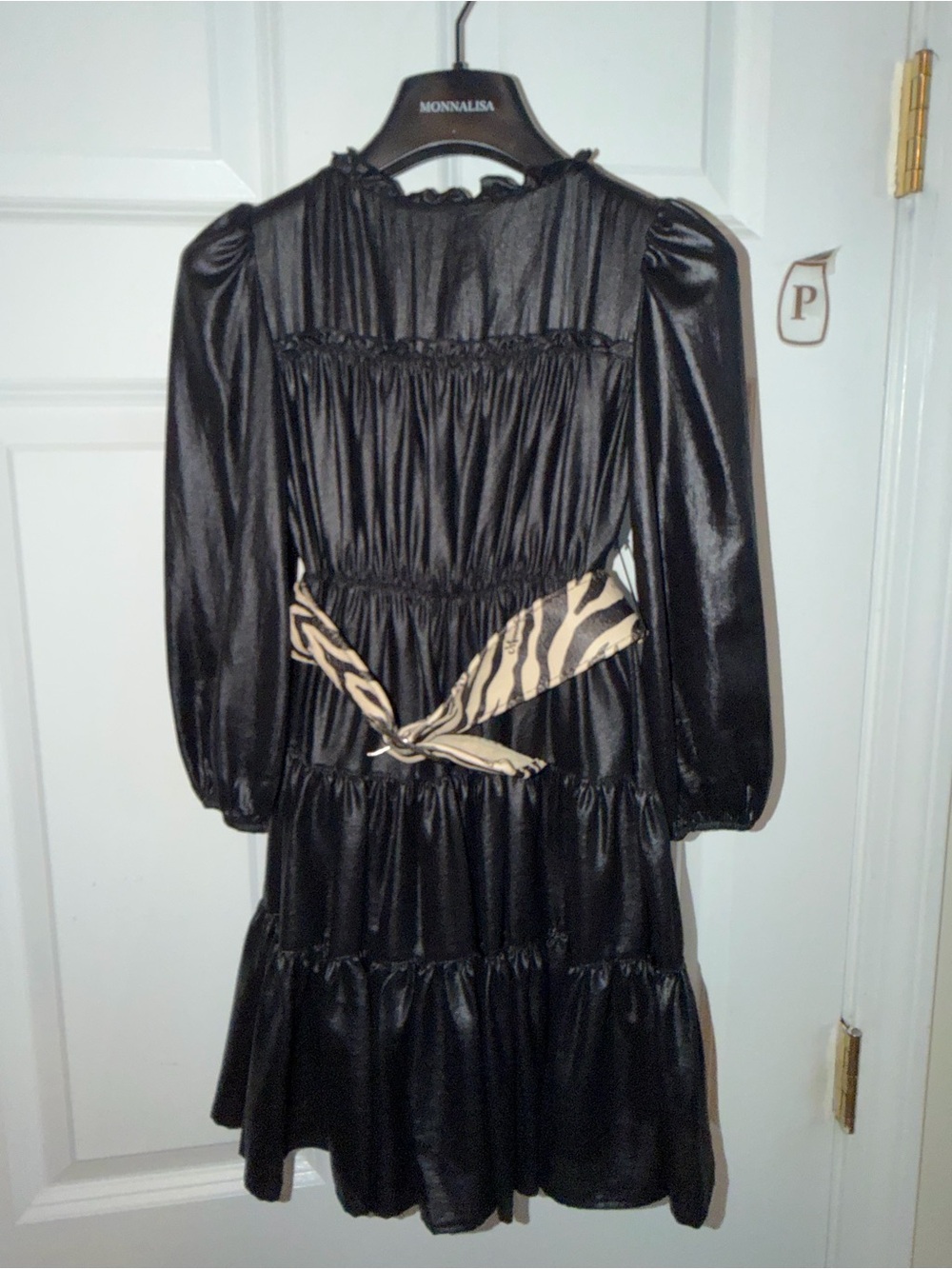 MonnaLisa Black Satin Tiered Dress with Animal-Print Sash